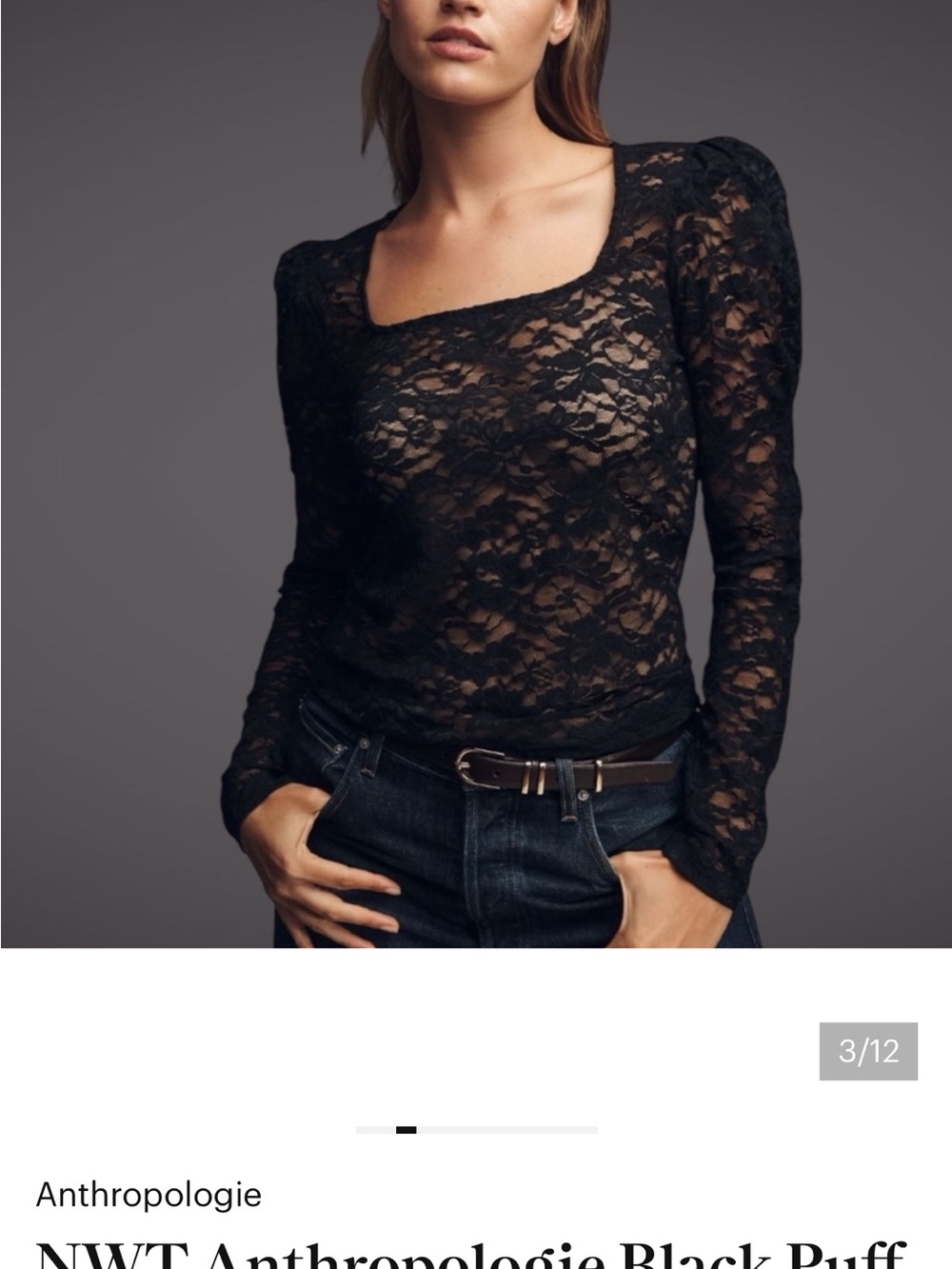 Anthropologie Black Sheer Lace Puff-Sleeve Top
